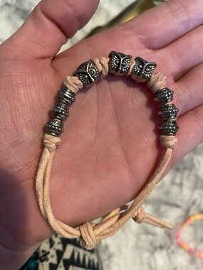 Boho Owl Beaded Suede Tie Bracelet - Pale Pink